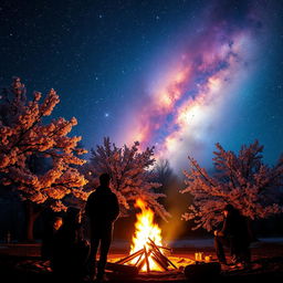 A picturesque scene featuring a background of blooming cherry blossoms dusted with snow, all under a breathtaking galaxy sky filled with vibrant stars and celestial colors