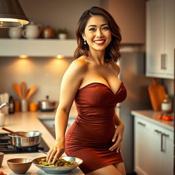 A stunning Asian housewife with a voluptuous figure, wearing a form-fitting dress that accentuates her curves