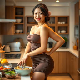 A stunning Asian housewife with a voluptuous figure, wearing a form-fitting dress that accentuates her curves