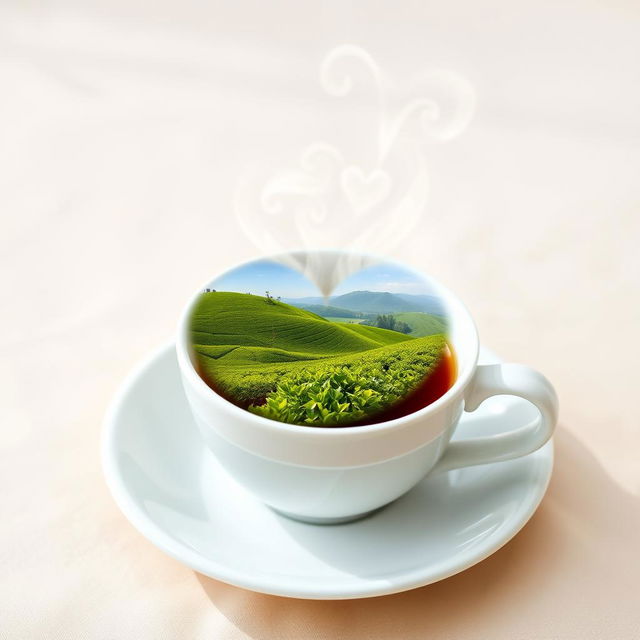A white ceramic cup filled with rich black tea, sitting on a delicate white saucer