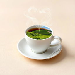 A white ceramic cup filled with rich black tea, sitting on a delicate white saucer