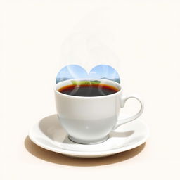 A white ceramic cup filled with rich black tea, sitting on a delicate white saucer