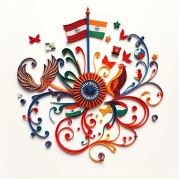 A stunning quilled paper art piece representing themes of nationalism, featuring intricate designs symbolizing unity and pride, such as national flags, emblematic animals, and cultural motifs woven together in vibrant colors