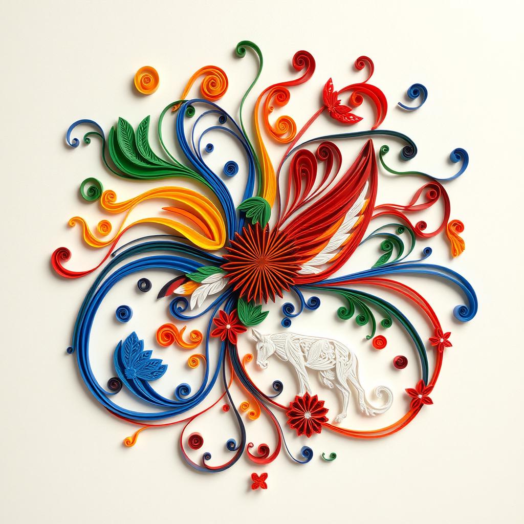 A stunning quilled paper art piece representing themes of nationalism, featuring intricate designs symbolizing unity and pride, such as national flags, emblematic animals, and cultural motifs woven together in vibrant colors