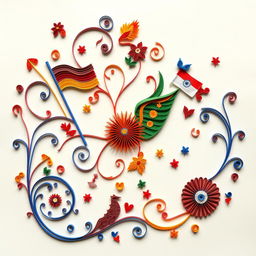 A stunning quilled paper art piece representing themes of nationalism, featuring intricate designs symbolizing unity and pride, such as national flags, emblematic animals, and cultural motifs woven together in vibrant colors