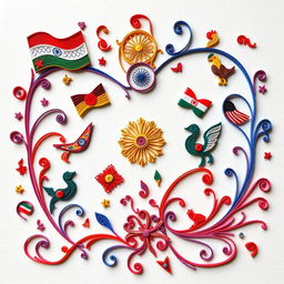 A stunning quilled paper art piece representing themes of nationalism, featuring intricate designs symbolizing unity and pride, such as national flags, emblematic animals, and cultural motifs woven together in vibrant colors