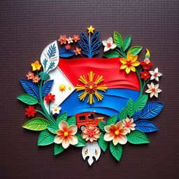An intricate quilled paper art piece that embodies nationalism in the Philippines, showcasing the vibrant colors of the Philippine flag with red, blue, white, and yellow elements