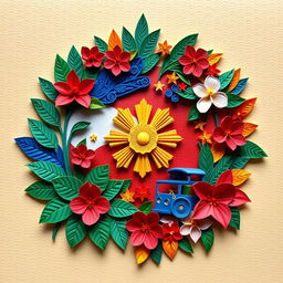 An intricate quilled paper art piece that embodies nationalism in the Philippines, showcasing the vibrant colors of the Philippine flag with red, blue, white, and yellow elements