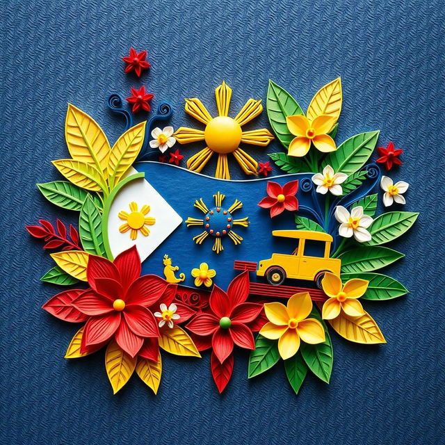 An intricate quilled paper art piece that embodies nationalism in the Philippines, showcasing the vibrant colors of the Philippine flag with red, blue, white, and yellow elements