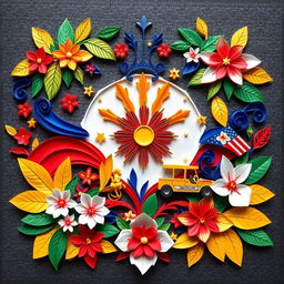 An intricate quilled paper art piece that embodies nationalism in the Philippines, showcasing the vibrant colors of the Philippine flag with red, blue, white, and yellow elements