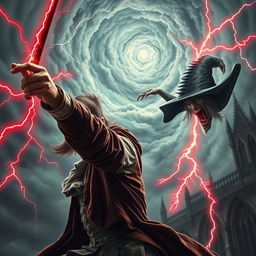 In a dramatic scene set in 1630, a handsome 22-year-old young man, with striking features and a determined expression, battles an evil witch with a twisted, malevolent face