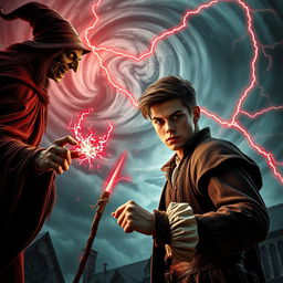 In a dramatic scene set in 1630, a handsome 22-year-old young man, with striking features and a determined expression, battles an evil witch with a twisted, malevolent face