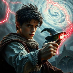 In a dramatic scene set in 1630, a handsome 22-year-old young man, with striking features and a determined expression, battles an evil witch with a twisted, malevolent face