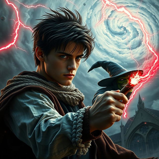 In a dramatic scene set in 1630, a handsome 22-year-old young man, with striking features and a determined expression, battles an evil witch with a twisted, malevolent face