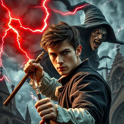 In a dramatic scene set in 1630, a handsome 22-year-old young man, with striking features and a determined expression, battles an evil witch with a twisted, malevolent face