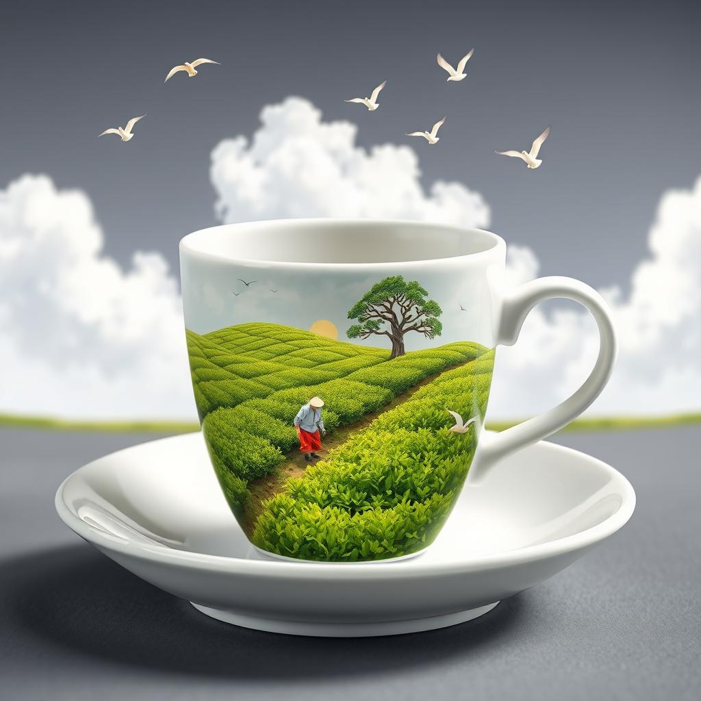 A white ceramic black tea cup placed on a matching saucer