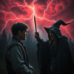 In a dramatic scene set in 1630, a handsome 22-year-old young man with striking features, wearing a period-appropriate outfit, confronts an evil-faced witch in a dark, mystical forest