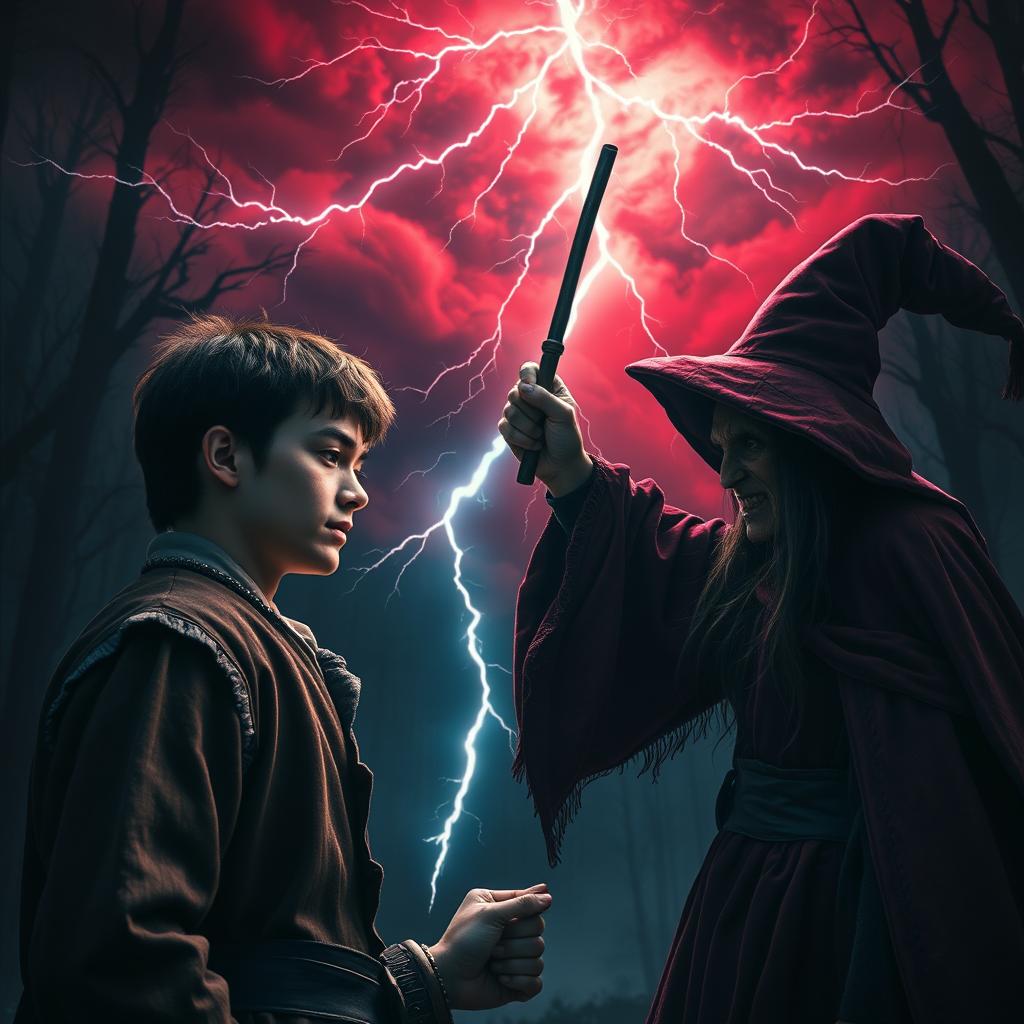 In a dramatic scene set in 1630, a handsome 22-year-old young man with striking features, wearing a period-appropriate outfit, confronts an evil-faced witch in a dark, mystical forest