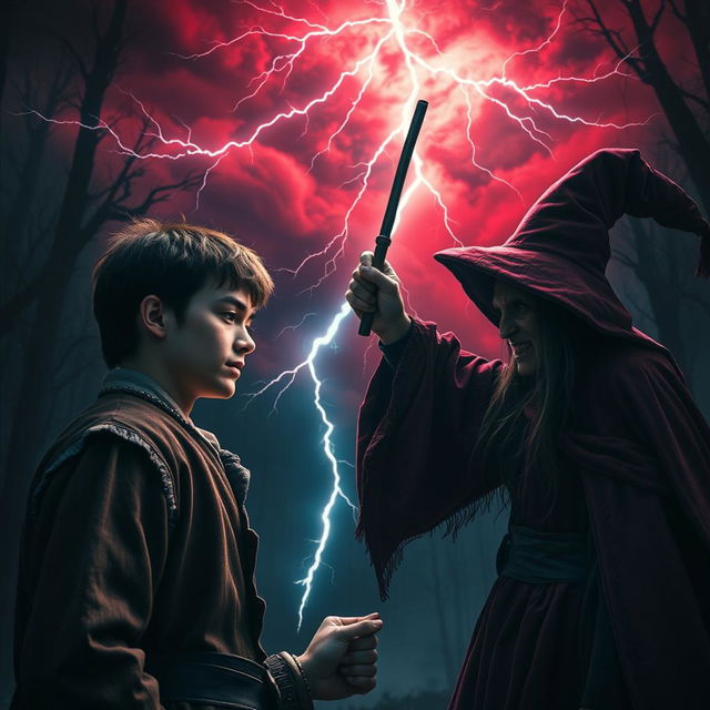 In a dramatic scene set in 1630, a handsome 22-year-old young man with striking features, wearing a period-appropriate outfit, confronts an evil-faced witch in a dark, mystical forest