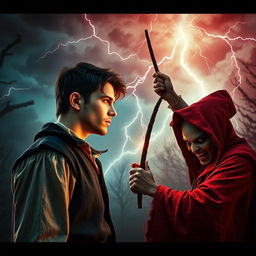 In a dramatic scene set in 1630, a handsome 22-year-old young man with striking features, wearing a period-appropriate outfit, confronts an evil-faced witch in a dark, mystical forest