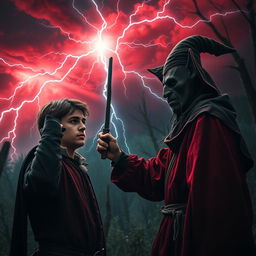 In a dramatic scene set in 1630, a handsome 22-year-old young man with striking features, wearing a period-appropriate outfit, confronts an evil-faced witch in a dark, mystical forest