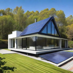 A modern house with sleek, shiny solar panels neatly arranged on the roof, set against a clear blue sky.