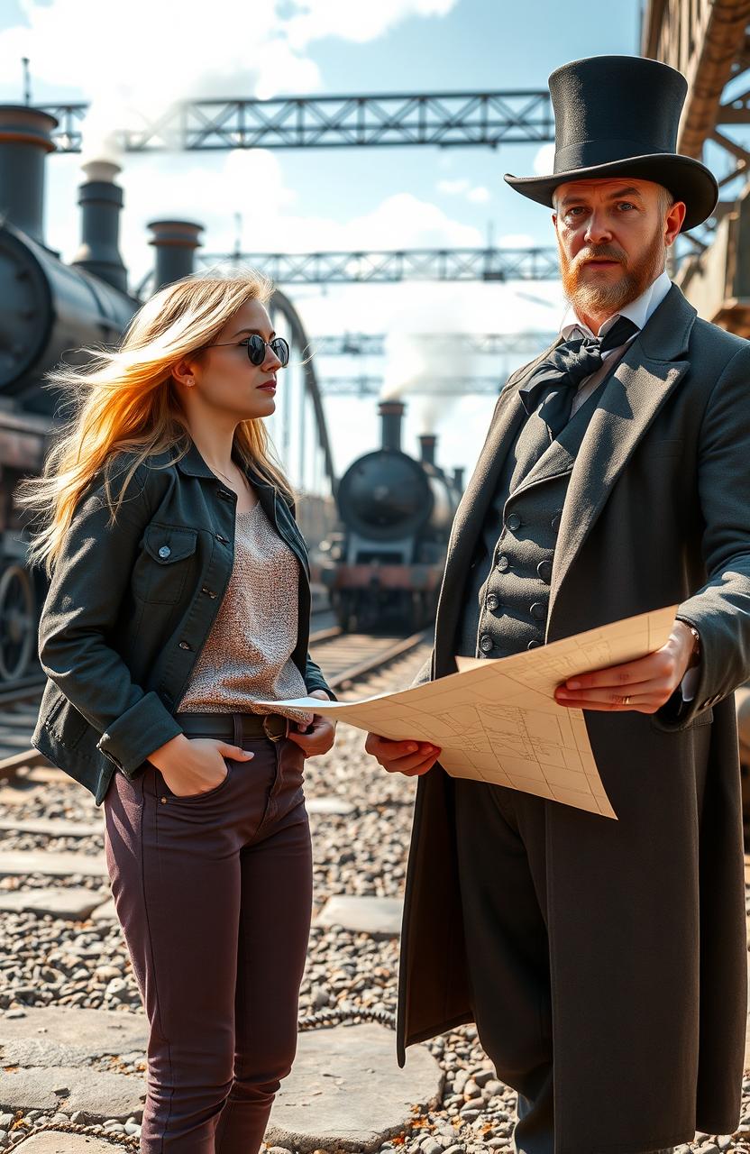A captivating scene depicting a modern 21st-century blonde girl in contemporary casual clothing, standing in awe as she meets Isambard Kingdom Brunel, the famous Victorian engineer, dressed in 19th-century formal attire with a top hat and waistcoat