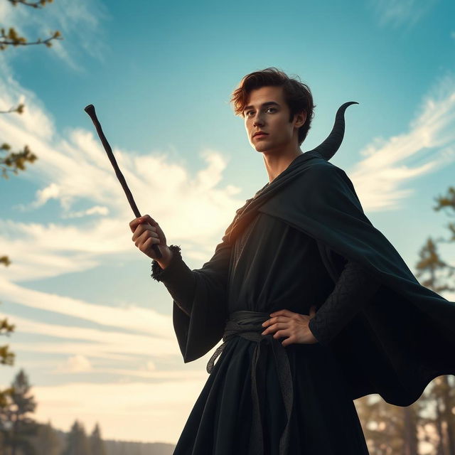 In a serene scene set in 1630, a handsome 22-year-old young man with captivating features stands victoriously over an evil-faced witch in a tranquil forest clearing