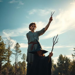 In a serene scene set in 1630, a handsome 22-year-old young man with captivating features stands victoriously over an evil-faced witch in a tranquil forest clearing