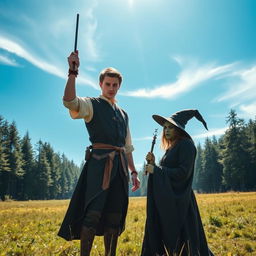 In a serene scene set in 1630, a handsome 22-year-old young man with captivating features stands victoriously over an evil-faced witch in a tranquil forest clearing