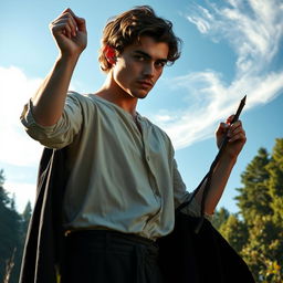 In a serene scene set in 1630, a handsome 22-year-old young man with captivating features stands victoriously over an evil-faced witch in a tranquil forest clearing