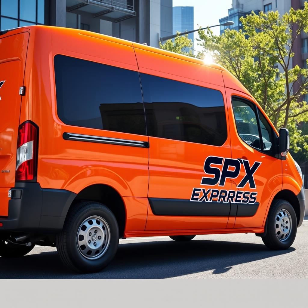 An eye-catching orange blind van prominently displaying the logo 'SPX EXPRESS' on its side