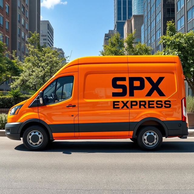 An eye-catching orange blind van prominently displaying the logo 'SPX EXPRESS' on its side