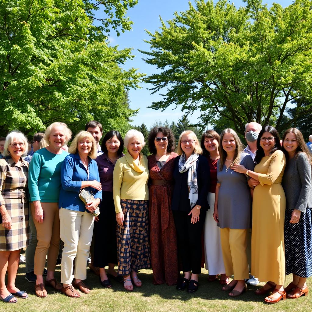 A cheerful group of friends from the Jehovah's Witness community, standing together with big smiles on their faces, facing the viewer