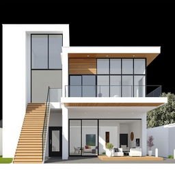 An elevation of a modern house showcasing a sleek, contemporary design with two and a half floors