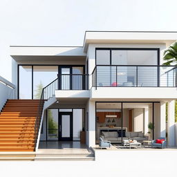An elevation of a modern house showcasing a sleek, contemporary design with two and a half floors