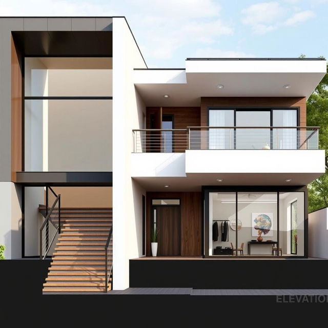 An elevation of a modern house showcasing a sleek, contemporary design with two and a half floors
