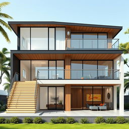 An elevation of a modern house showcasing a sleek, contemporary design with two and a half floors