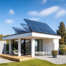 A modern house with sleek, shiny solar panels neatly arranged on the roof, set against a clear blue sky.