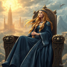 A detailed illustration of Frigg, the queen of the Aesir in Norse mythology, sitting gracefully upon her high throne, Hlidskjalf