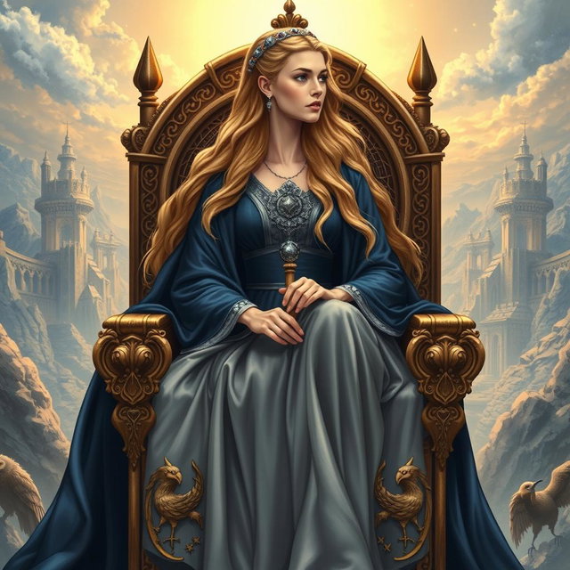 A detailed illustration of Frigg, the queen of the Aesir in Norse mythology, sitting gracefully upon her high throne, Hlidskjalf