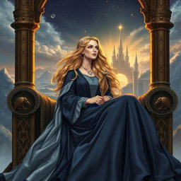 A detailed illustration of Frigg, the queen of the Aesir in Norse mythology, sitting gracefully upon her high throne, Hlidskjalf