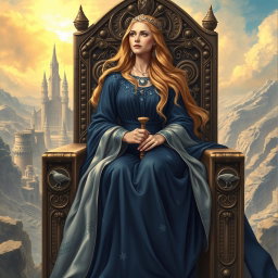 A detailed illustration of Frigg, the queen of the Aesir in Norse mythology, sitting gracefully upon her high throne, Hlidskjalf