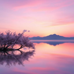 A serene landscape featuring a tranquil lake reflecting a sunset sky filled with violet and purple hues