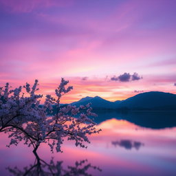 A serene landscape featuring a tranquil lake reflecting a sunset sky filled with violet and purple hues