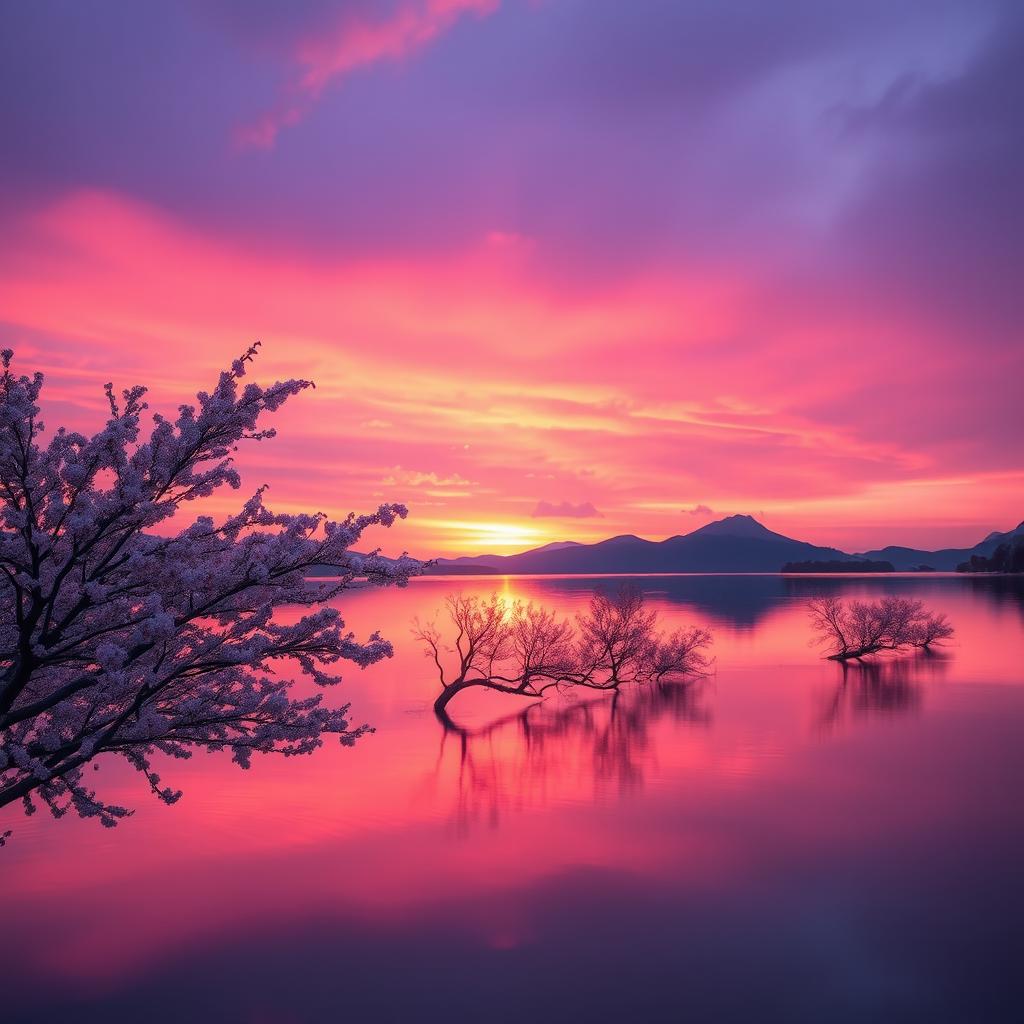 A serene landscape featuring a tranquil lake reflecting a sunset sky filled with violet and purple hues