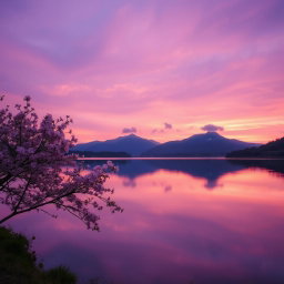 A serene landscape featuring a tranquil lake reflecting a sunset sky filled with violet and purple hues