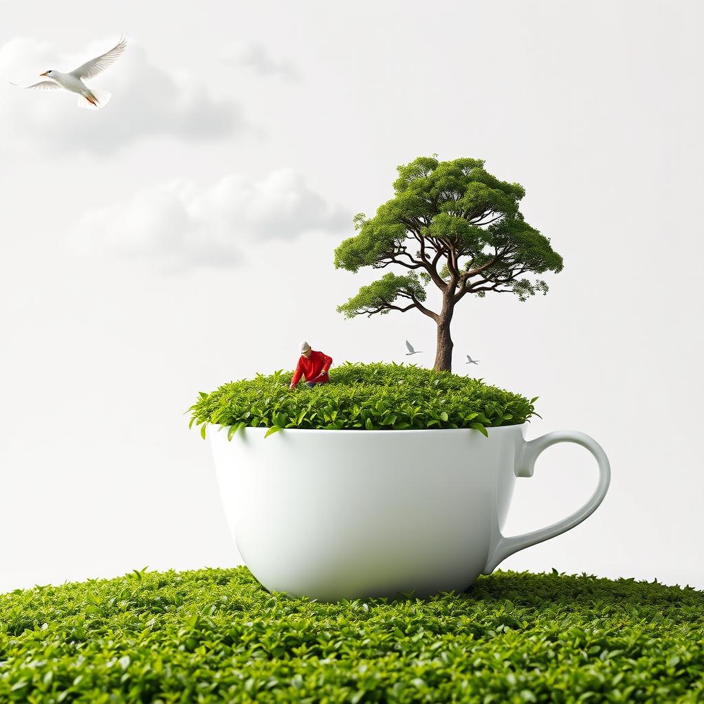 A surreal scene featuring a large white tea cup overflowing with a vibrant green tea plantation