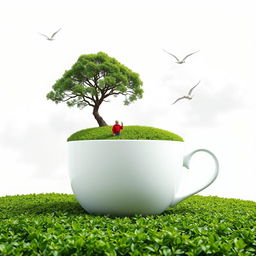 A surreal scene featuring a large white tea cup overflowing with a vibrant green tea plantation