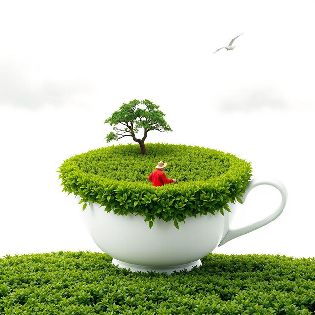 A surreal scene featuring a large white tea cup overflowing with a vibrant green tea plantation